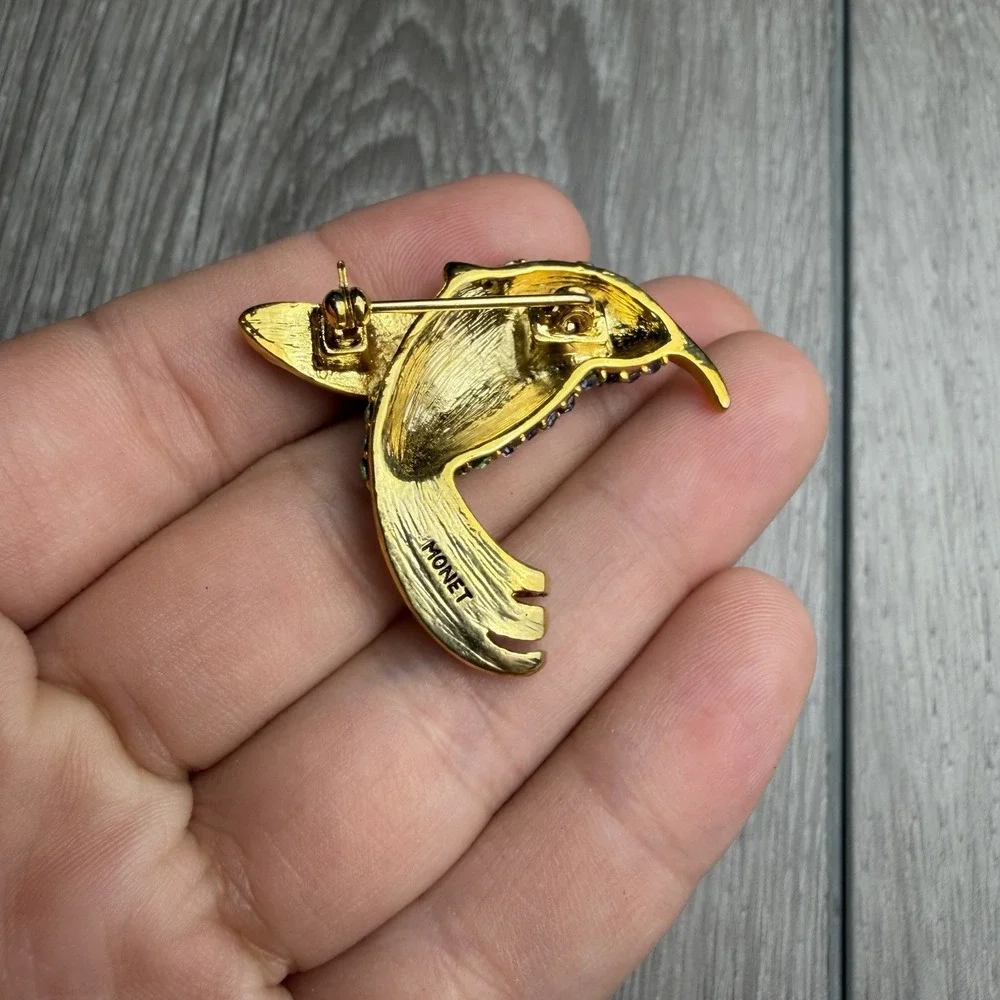 Vintage Signed Monet Purple Green Rhinestone Hummingbird Brooch Pin Gold Tone